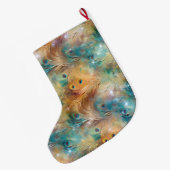 Peacock Feathers Blue Gold Weihnachtsname Großer Weihnachtsstrumpf (Rückseite (Hängend))