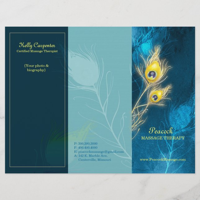 Peacock Feathers Blue Tri Fold Broschüren (Vorderseite)