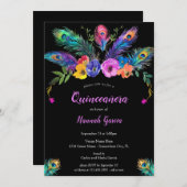 Peacock Feathers & Blume Black Quinceañera Einladung (Vorne/Hinten)