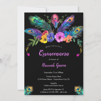 Peacock Feathers & Blume Black Quinceañera Einladung