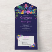 Peacock Feathers & Blume Lila Quinceañera All In One Einladung (Innen Boden)