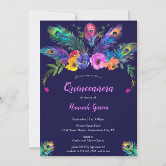 Peacock Feathers & Blume Lila Quinceañera Einladung