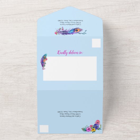 Peacock Feathers & Blume Quinceañera Baby Blue All In One Einladung (Außenbereich)