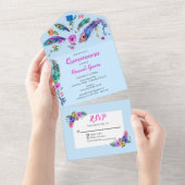 Peacock Feathers & Blume Quinceañera Baby Blue All In One Einladung (Abreißen)
