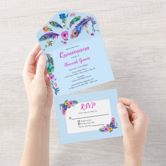 Peacock Feathers & Blume Quinceañera Baby Blue All In One Einladung (Abreißen)