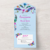 Peacock Feathers & Blume Quinceañera Baby Blue All In One Einladung (Innen Boden)