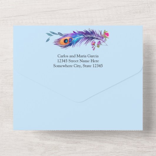 Peacock Feathers & Blume Quinceañera Baby Blue All In One Einladung (Rückseite)