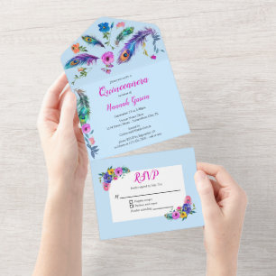 Peacock Feathers & Blume Quinceañera Baby Blue All In One Einladung