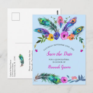 Peacock Feathers & Blume Quinceañera Baby Blue Postkarte