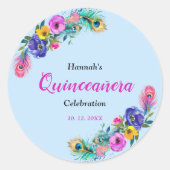 Peacock Feathers & Blume Quinceañera Baby Blue Runder Aufkleber (Vorderseite)