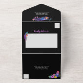 Peacock Feathers & Blume Quinceañera Black All In One Einladung (Außenbereich)