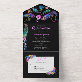 Peacock Feathers & Blume Quinceañera Black All In One Einladung