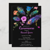 Peacock Feathers & Blume Quinceañera Party Einladung (Vorne/Hinten)