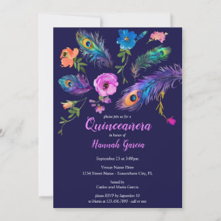 Peacock Feathers & Blume Quinceañera Party Einladung