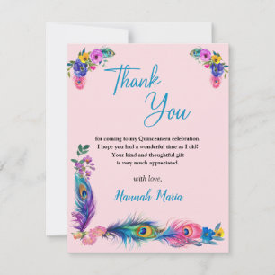 Peacock Feathers & Blume Quinceañera Pink Flat Dankeskarte