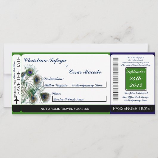 Peacock Feathers Boarding Pass Hochzeit Einladung (Vorderseite)