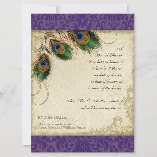 Peacock & Feathers Brautparty Einladung Lila (Rückseite)