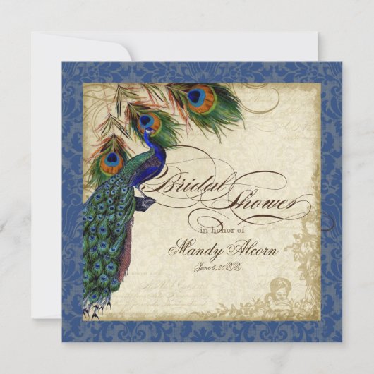Peacock & Feathers Brautparty Invite Navy Blue Einladung (Vorderseite)