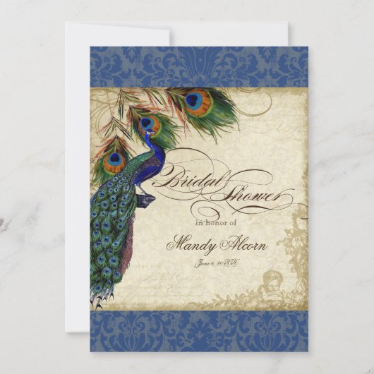 Peacock & Feathers Brautparty Invite Navy Blue Einladung (Vorderseite)