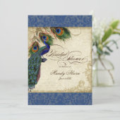 Peacock & Feathers Brautparty Invite Navy Blue Einladung (Stehend Vorderseite)