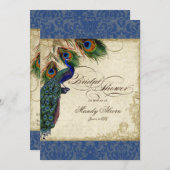 Peacock & Feathers Brautparty Invite Navy Blue Einladung (Vorne/Hinten)