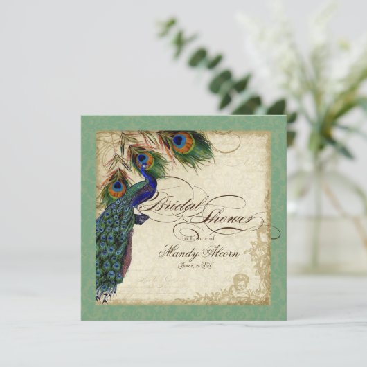 Peacock & Feathers Brautparty laden zu Grün ein Einladung (Stehend Vorderseite)