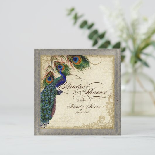 Peacock & Feathers Brautparty Silbermetall Einladung (Stehend Vorderseite)