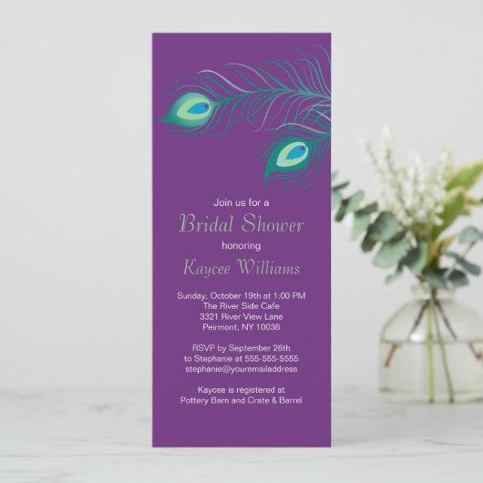 Peacock Feathers Bridal Dusche Einladung (Stehend Vorderseite)
