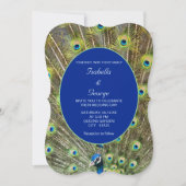 Peacock Feathers & Calligraphy on Blue Wedding Einladung (Vorderseite)