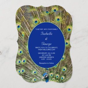 Peacock Feathers & Calligraphy on Blue Wedding Einladung