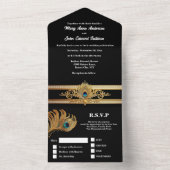 Peacock feathers eleganten schwarzen Gold minimali All In One Einladung (Innen)