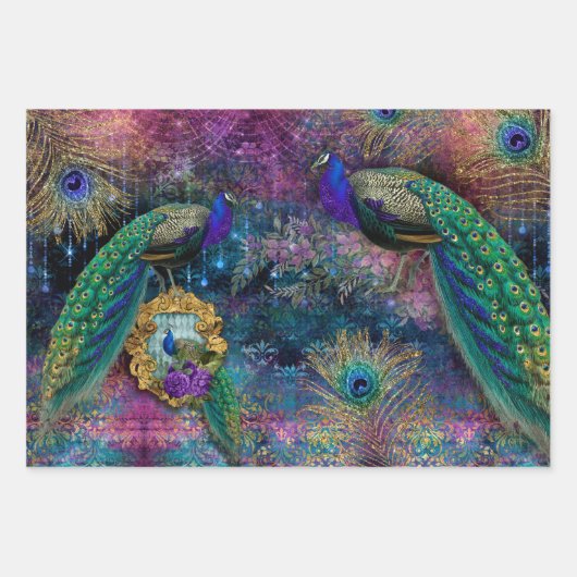 Peacock Feathers Eleganter Glitzer Rosa Decoupage Geschenkpapier Set (Vorderseite 3)