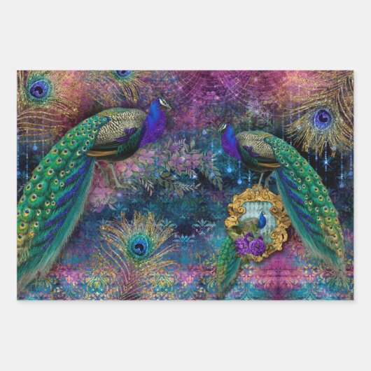 Peacock Feathers Eleganter Glitzer Rosa Decoupage Geschenkpapier Set (Vorderseite 2)