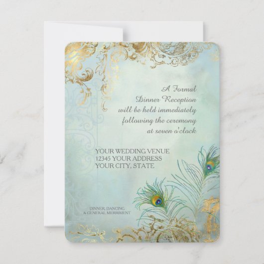 Peacock Feathers Elegantes Hochzeitessen Empfang Einladung (Vorderseite)
