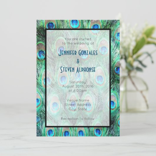 Peacock Feathers Exotic Watercolor Wedite Einladung (Stehend Vorderseite)