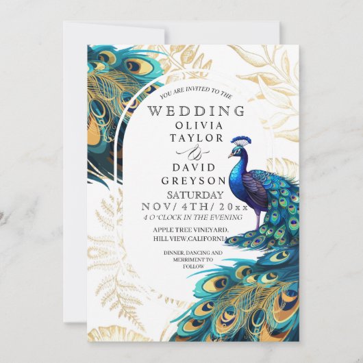 Peacock Feathers Flora Wedding Einladung (Vorderseite)