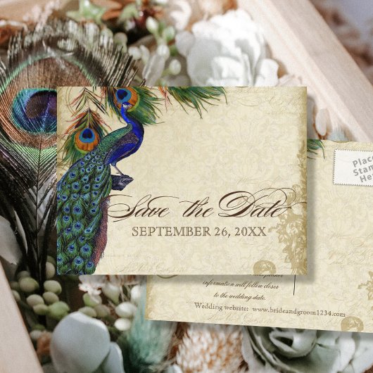 Peacock & Feathers Formal Save the Date Aqua Blue Ankündigungspostkarte