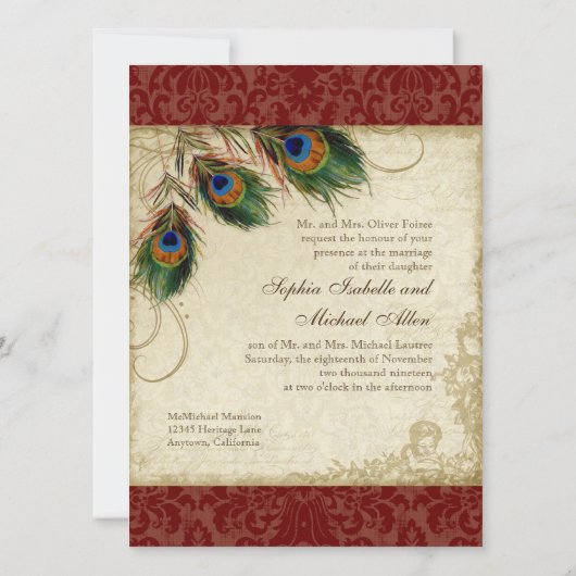 Peacock & Feathers Formal Wedding Einladung Red (Rückseite)