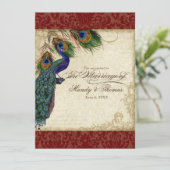 Peacock & Feathers Formal Wedding Einladung Red (Stehend Vorderseite)