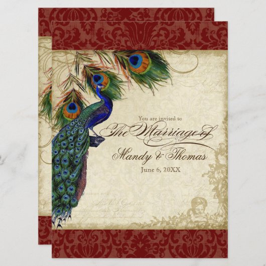Peacock & Feathers Formal Wedding Einladung Red (Vorne/Hinten)
