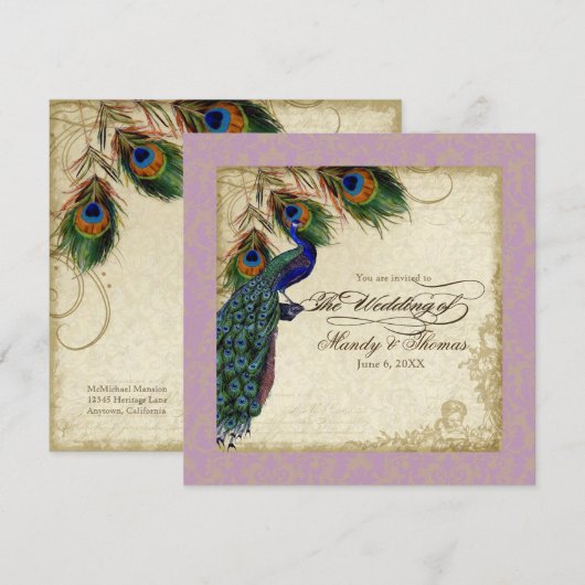 Peacock & Feathers Formal Wedding Lavender Einladung (Vorne/Hinten)