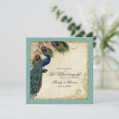 Peacock & Feathers Frische Hochzeit Einladung Aqua (Stehend Vorderseite)