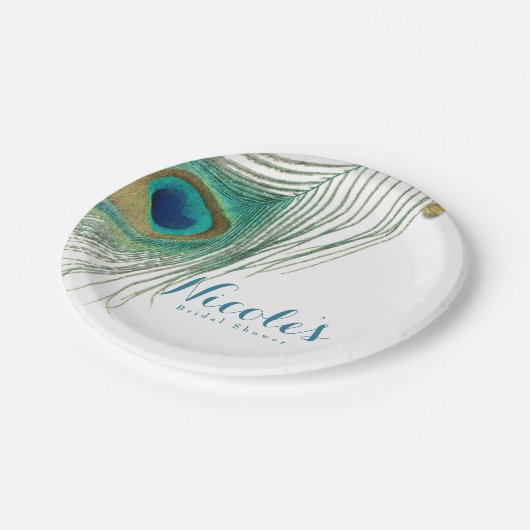 Peacock Feathers & Gold Boho Glam Party Pappteller (Schrägansicht)