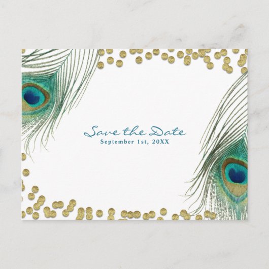Peacock Feathers & Gold Boho Glam Save the Date Ankündigungspostkarte (Vorderseite)