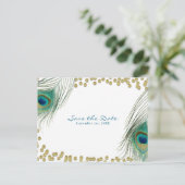 Peacock Feathers & Gold Boho Glam Save the Date Ankündigungspostkarte (Stehend Vorderseite)