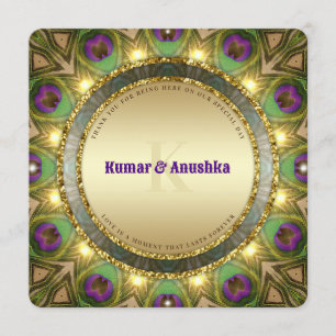 Peacock Feathers Gold Glow Indian Wedite Einladung