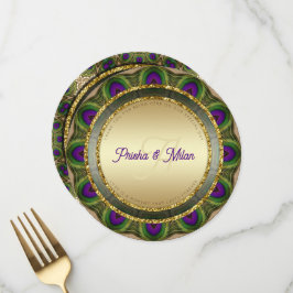 Peacock Feathers Gold Moderne indische Hochzeit Menükarte