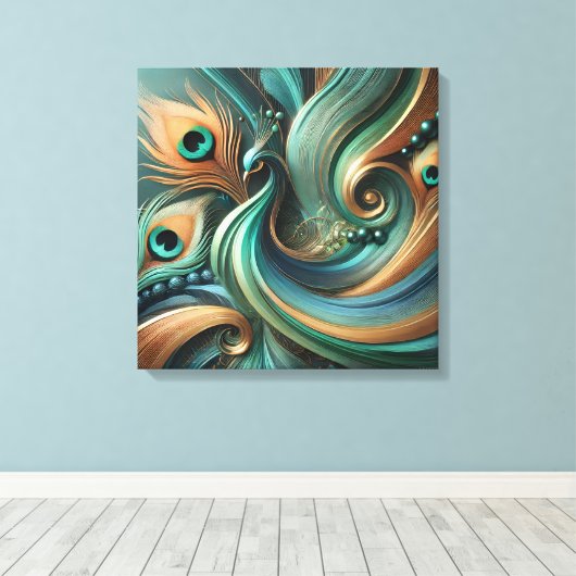 Peacock Feathers in Abstract Flow Canvas Art Leinwanddruck (Insitu (Holzboden))
