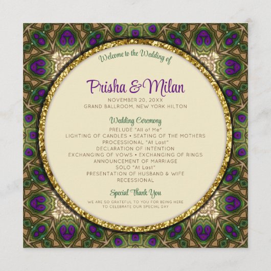 Peacock Feathers Lila Green Gold Indian Wedding Programm (Rückseite)