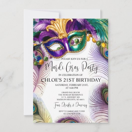 Peacock Feathers Mask Mardi Gras Masquerade Party Einladung (Vorderseite)